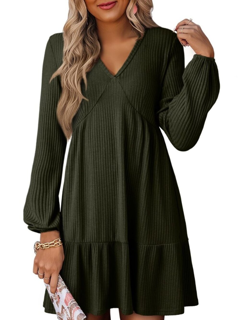Womens Dresses Long Sleeve V Neck Lightweight Ribbed Knit Empire Waist Casual A